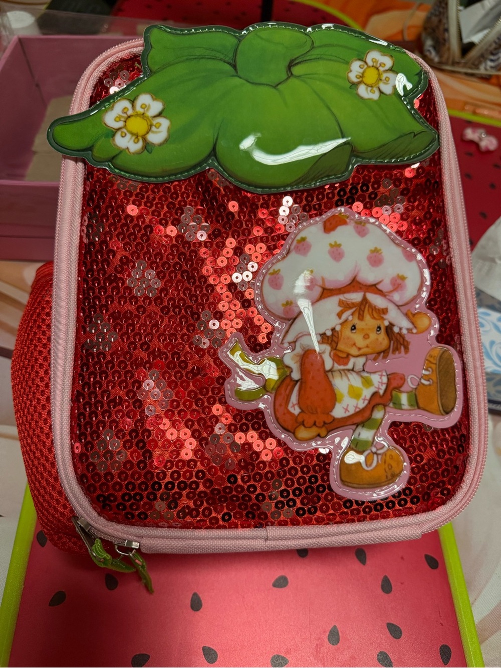 Strawberry-Themed Red Sequin Kids Backpack with Green Leaf Accent